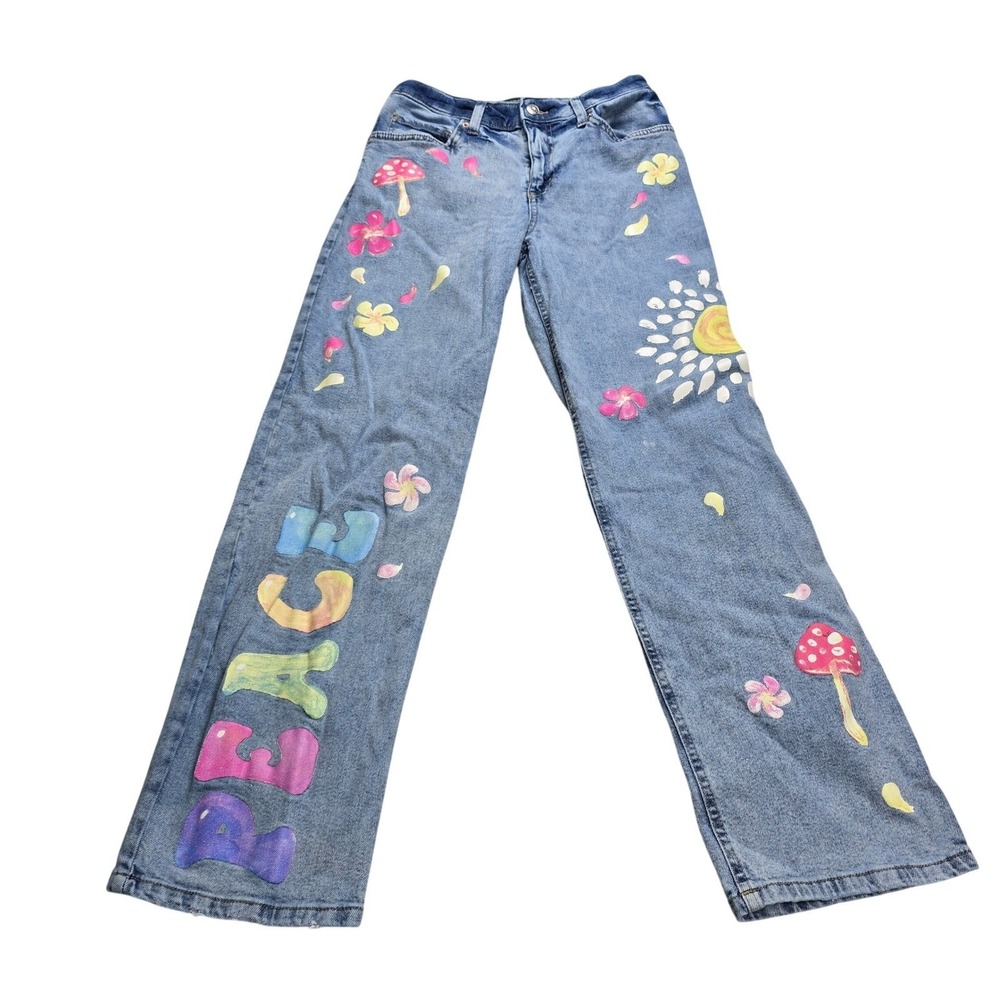 Wild Fable Dad Jeans Women 2 Blue Painted Mushroom Peace High Rise